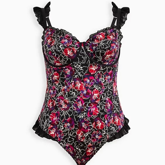 Torrid UNDERWIRE THONG RUFFLE BODYSUIT - SATIN FLORAL BLACK - Picture 3 of 6